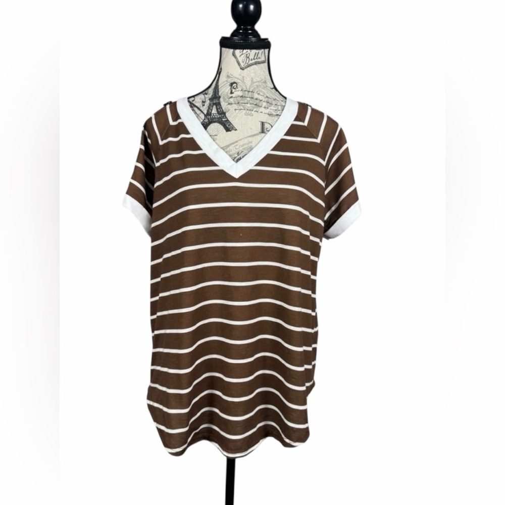 Good Days Only Brown and White Striped V-Neck Women's Top size XL